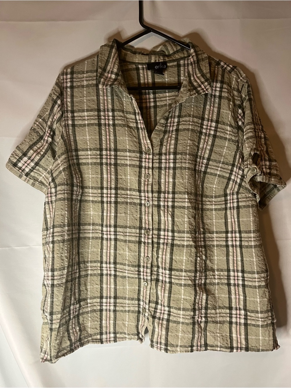 Erika Women's Short-Sleeve Plaid Button-Down Shirt in Olive, White and Pink